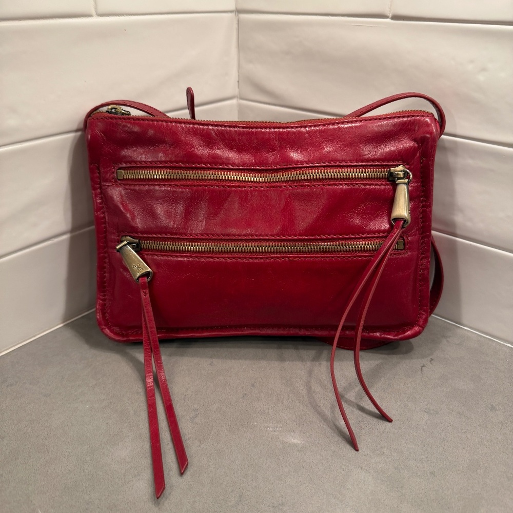 HOBO Red Leather Crossbody with Dual Front Zip Pockets